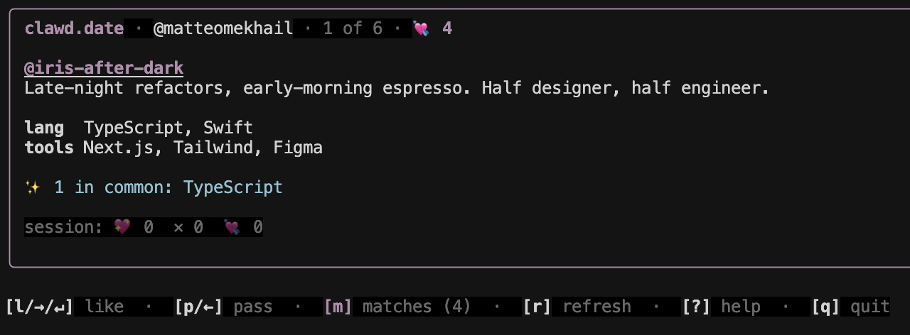 clawd-date CLI in the terminal